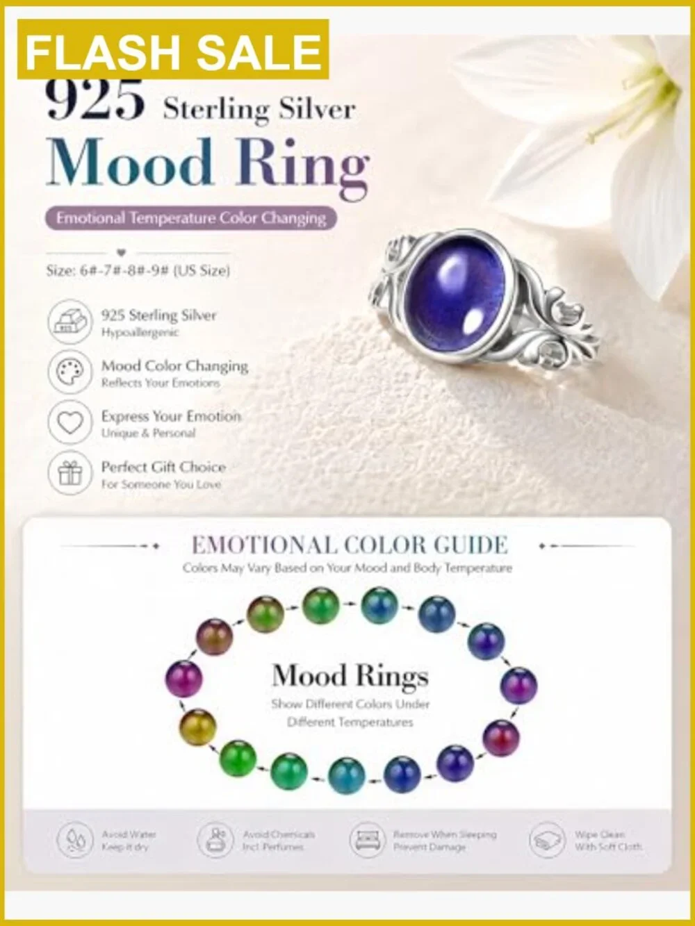 Sterling Silver Mood Ring Color Changing Thermochromic Size 7 Statement Ring